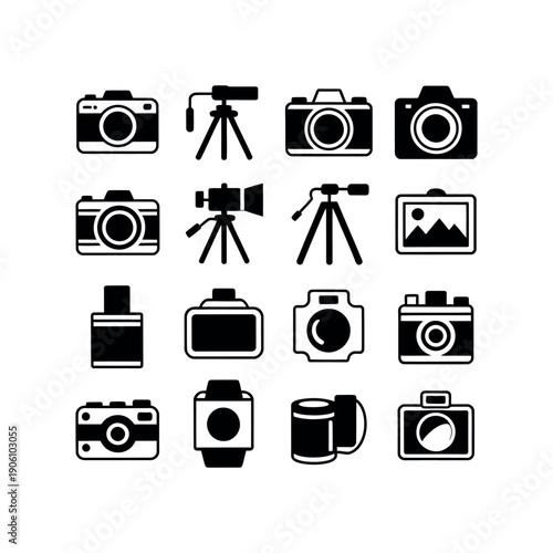 A collection of various camera icons and photography equipment on a white background