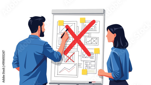 Business Team Reviewing Rejected Plan on Whiteboard: Strategy, Problem Solving, and Project Cancellation