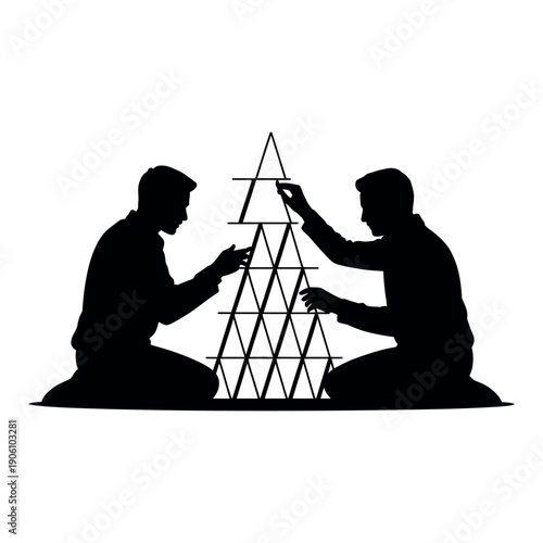 Two men building a tower with wooden blocks in a collaborative effort