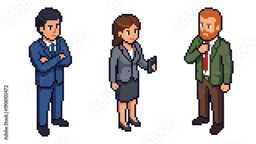 Pixel Art Business Professionals Character Set. Retro 8-bit Office Workers Illustration for Digital Projects & Games.