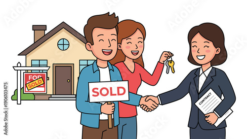 Happy couple celebrates new home purchase with real estate agent, holding 'SOLD' sign and keys
