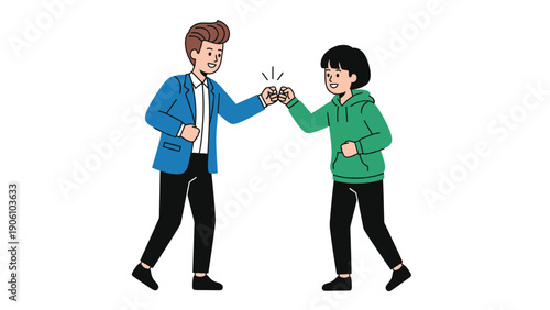 Two friends fist bumping, symbolizing teamwork, success, and greeting. Modern flat vector illustration.