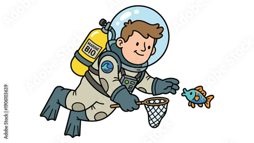 Cartoon Marine Biologist Diving with Net to Catch Fish. Underwater Exploration and Research Illustration.