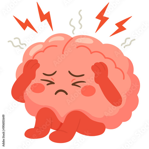 Cartoon Illustration of Brain Character Having a Headache 