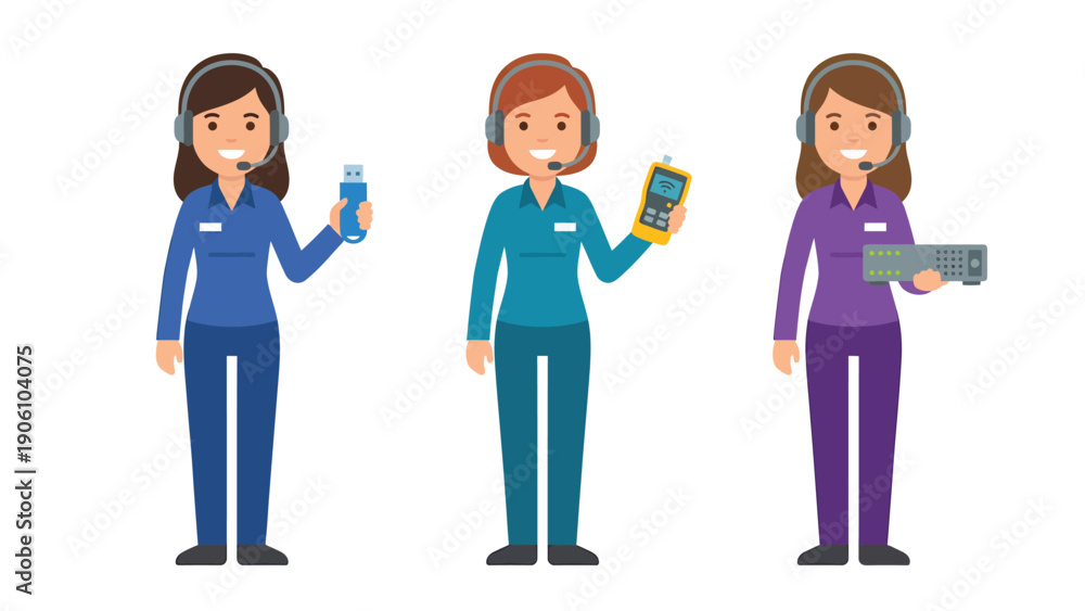 Obraz premium Female Tech Professionals with Headsets and Devices: IT Support, Network Engineering & Data Management Illustration