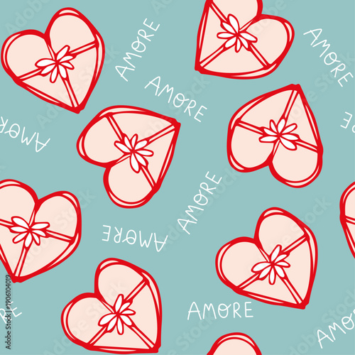 Modern teal Valentine's Day print featuring pink and red Amore heart chocolate boxes. Vibrant hand drawn surface for trendy romantic branding, party decor and accessories