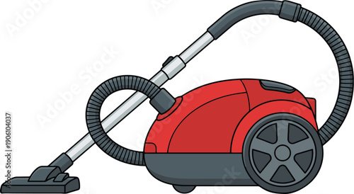 Red canister vacuum cleaner with hose and nozzle, bold cartoon-style vector illustration