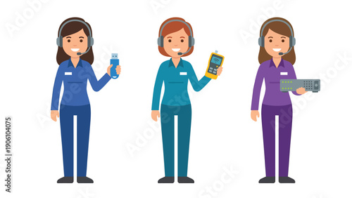 Female Tech Professionals with Headsets and Devices: IT Support, Network Engineering & Data Management Illustration