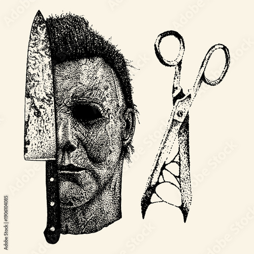 Classic Horror Slasher Villain with Butcher Knife and Vintage Scissors Illustration in Dark Stippling Art Style for Halloween and Psychological Thriller Concepts