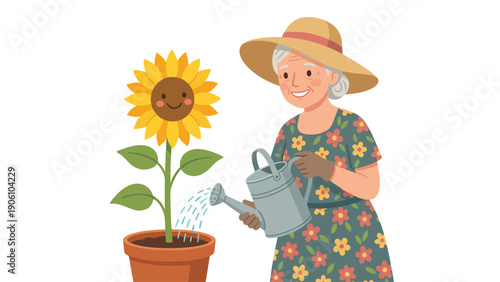 Cheerful senior woman in a hat watering a smiling potted sunflower. Joyful gardening and plant care illustration.
