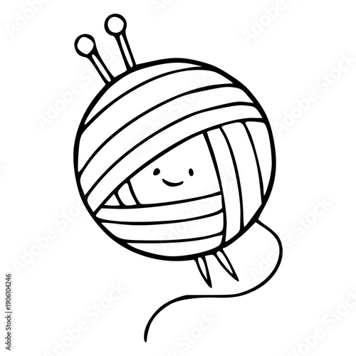 cute yarn ball character with knitting needles line art