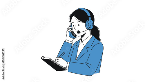 Customer Service Woman Illustration. Call Center Agent with Headset, Taking Notes for Online Support and Communication.