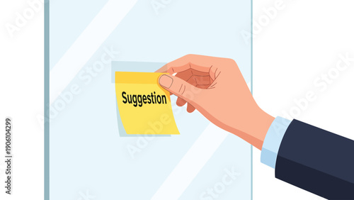 Business hand placing 'Suggestion' sticky note on transparent board for ideas & feedback
