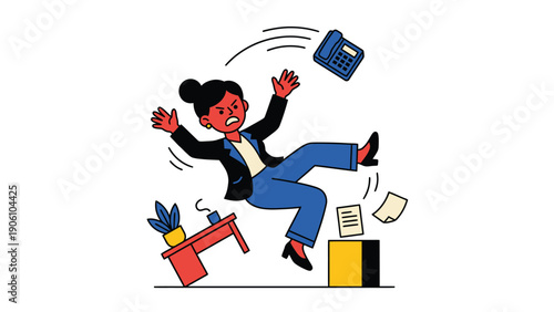 Businesswoman falling in office, dropping phone and papers. Workplace accident, stress, and clumsiness concept illustration.