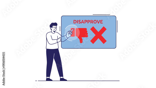 Man expressing disapproval on digital screen with thumbs down and cross symbol. Negative feedback, rejection, or decline concept.