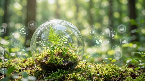 Delicate fern enclosed in glass sphere surrounded by lush greenery forest environment sustainability and eco friendly concepts represented through digital icons and graphics in a serene atmosphere.