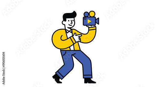 Content Creator Recording Video with Camcorder. Flat Graphic Illustration of a Vlogger or Filmmaker.