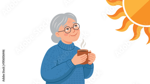 Happy senior woman with glasses enjoying a steaming mug in the sun. Cozy morning, warmth, and relaxation illustration.