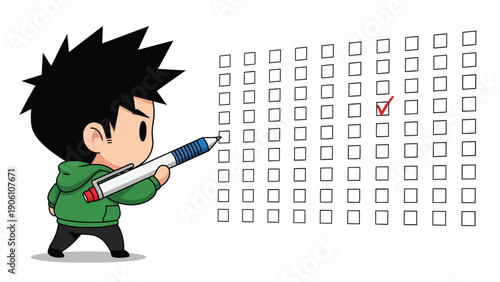 Cute cartoon boy marking a checkbox with a pen on a grid, symbolizing choice, survey, or task completion.