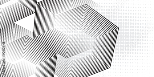 Background with a geometric hexagon line pattern with a sprinkling of fine dots. Abstract sparkling hexagon lines. Futuristic technology concept.