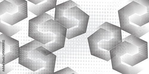 Background with a geometric hexagon line pattern with a sprinkling of fine dots. Abstract sparkling hexagon lines. Futuristic technology concept.