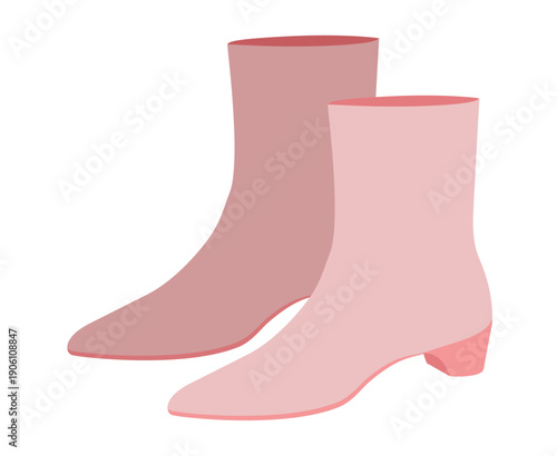 Pink block heel ankle boot women color pair. Round toe with chunky sole for elegance, luxury event look. Technical fashion illustration CAD mockup refined vector men unisex isolated modern style