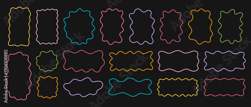 Cute colorful doodle frames with curvy borders. Fluid abstract forms. Asymmetric shapes. Hand drawn forms. Sticker, tag, box or label templates isolated on black background. Vector illustration.