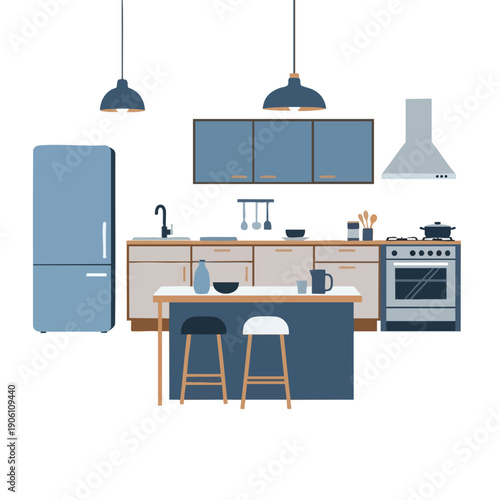 Modern Kitchen Interior with Appliances Cabinets and Dining Area
