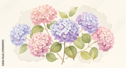 Watercolor painting of hydrangeas with pink blue and purple flowers and green leaves