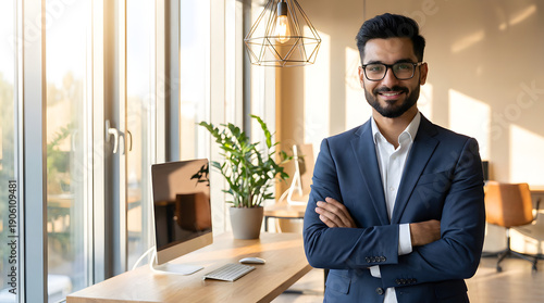 Confident professional man smiling with arms crossed in a bright modern office with warm natural sunlight