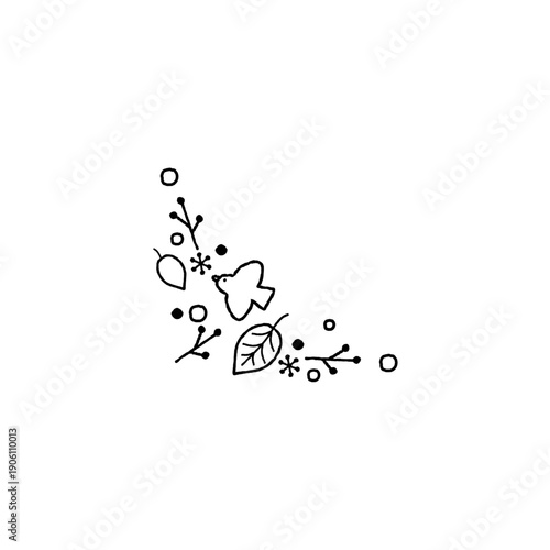 手描きの小鳥と葉の角に使える装飾素材