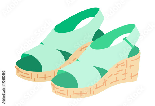 Mint espadrille wedge sandal shoe women flat pair. Peep toe slingback sandal with jute wedge city stroll. Technical fashion illustration CAD mockup soft vector man unisex isolated contemporary style.