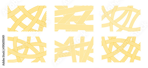 Set of backgrounds with spaghetti texture. Wallpapers with curvy intersecting yellow lines. Ramen or noodle patterns. Pasta, macaroni or capellini food prints. Vector flat illustration.