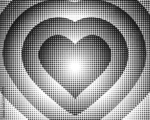 Repeated dotted heart shapes background. Romantic banner with trendy pixel, grain or halftone texture isolated on white background. Valentine Day wallpaper. Vector graphic illustration.