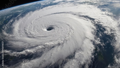 Massive Hurricane From Space Showing Swirling Clouds and Eye.