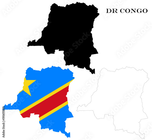 DR Congo Country Maps Bundle with National Flag, Black Silhouette and Detailed Outline Contours