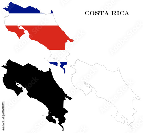 Costa Rica Country Maps Bundle with National Flag, Black Silhouette and Detailed Outline Contours