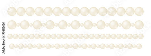 Set of straight strings of pearls isolated on white background. Threads of pearlescent beads for luxury bracelet or necklace. Beautiful decorative design elements. Vector realistic illustration.