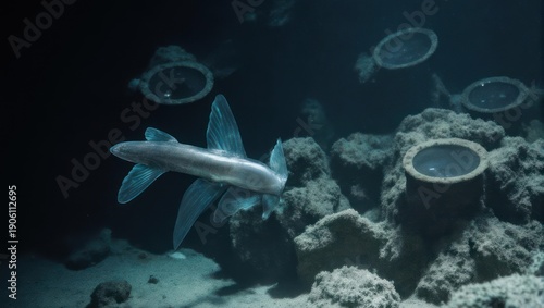 Small shark swims near coral reef and sea anemones in dark ocean depths.