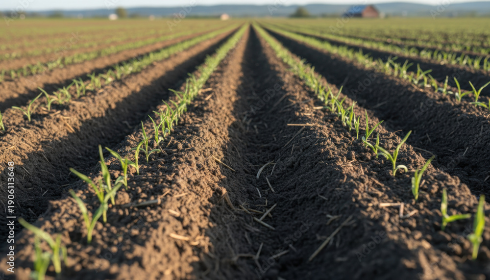 Obraz premium Crop Rows Field Young Plants Growing