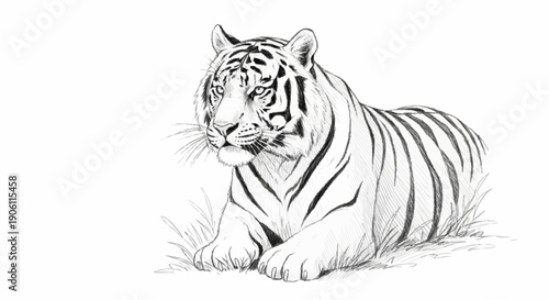 Detailed sketch of a majestic white tiger lying down peacefully.