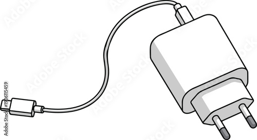 Power adapter with cable shown at an angle, minimalist 3D-style outline vector illustration