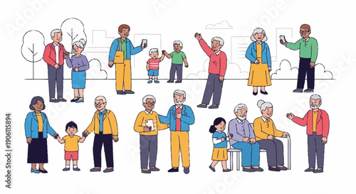 Diverse group of elderly people and children interacting and using technology.