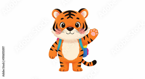 Cute cartoon tiger cub waving hello with a backpack.