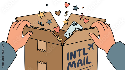 Hands Opening International Mail Box with Hearts and Stars - Global Delivery Unboxing Illustration