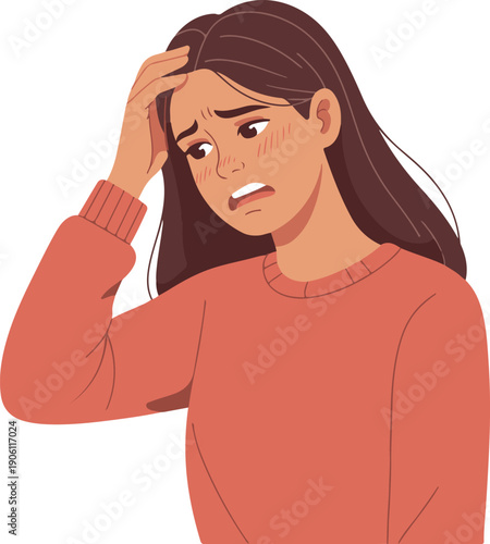 Distressed woman clutching her forehead, emotional and expressive vector illustration