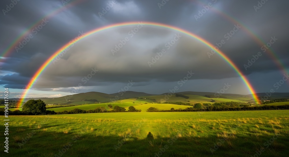 Fototapeta premium Majestic double rainbow arches over vibrant green fields, hills, and a dramatic sky