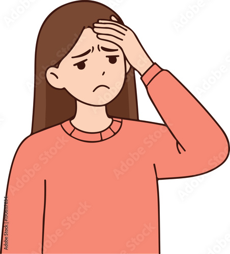 Young woman with hand on forehead looking worried, simple and expressive vector illustration
