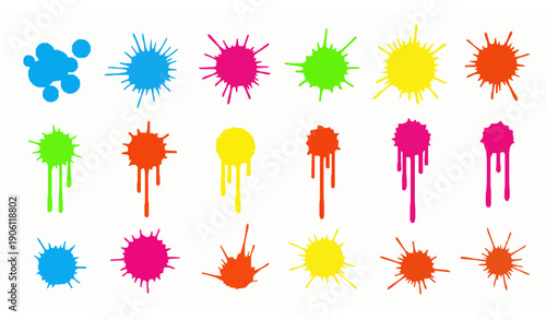 Abstract colorful paint splashes vector set with ink blot stains and drip elements