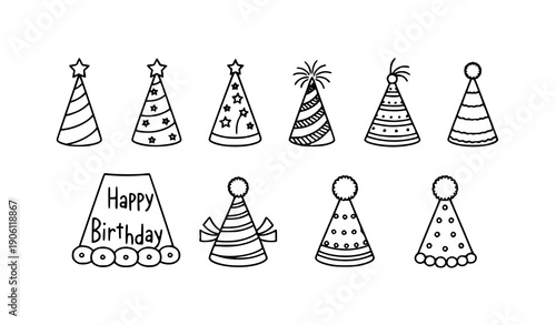 Hand drawn festive party hat doodle vector set with outline birthday celebration elements